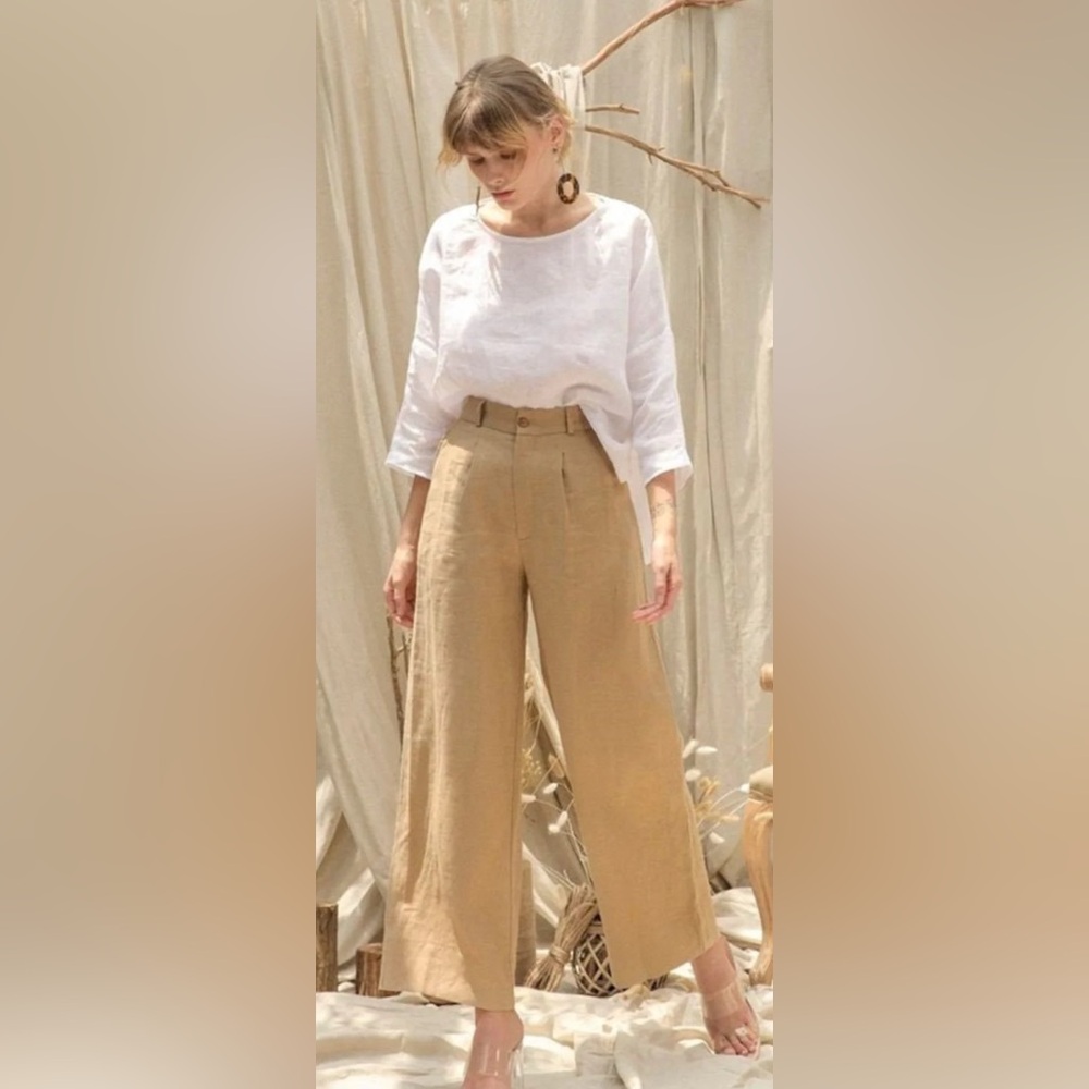 One the land Linen 4 Button Up Palazzo  Wide-Leg Ankle Pants